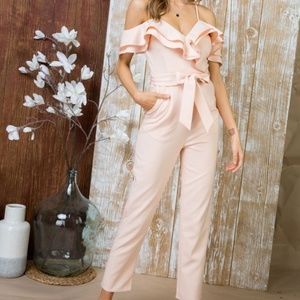 Blush Pink Bow Tie Cold Shoulder Jumpsuit Pockets